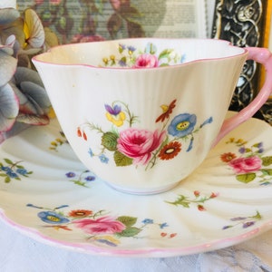 Shelley Pink Dainty and Ludlow Shaped Teacup and Saucer, Mix and Match Pink Floral, English Tea Set, Mother&#39;s Day Gift, Tea Drinker Gift