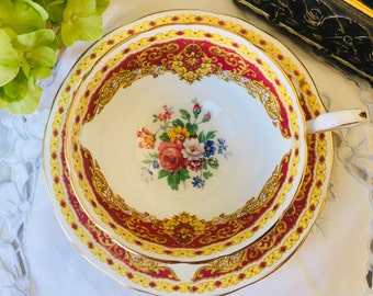 Aynsley Red, Gold and Yellow Teacup and Saucer with Pink Floral Bouquet, Brocade Pattern, Vintage English Tea Set, Mother's Day Gift Idea