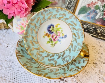 Robbins Egg Blue and Gold Teacup and Saucer with Wildflowers, Stanley China Wide Mouth Teacup, Gift for Her