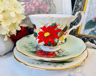 Vintage Mismatched Tea Set, Poinsettia Teacup, Royal Albert Yuletide, Royal Standard and Hammersley Red and Green Foliage, Chrsitmas Gift