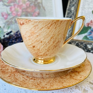 Royal Albert Peach Gossamer Art Deco Teacup and Plate with Paragon Saucer, Mid Century Modern Vintage China, Mismatched Tea Set