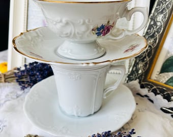 Set of 2 Teacups and Saucers, Vintage Tea Sets, Wawel Poland and Germany Hutschenreuther, Mother's Gift Idea, Country Shabby Chic Home Decor