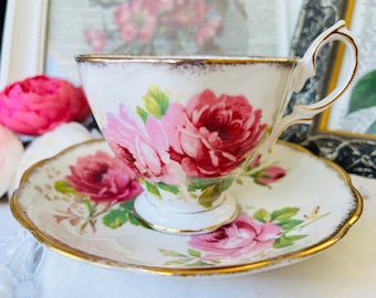 Royal Albert Teacup and Saucer, American Beauty Pink Cabbage Roses, Gold Trim, Gold Gilt, Gift for Her, Birthday  Gift