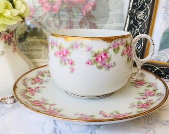 France Limoges Elite Teacup and Saucer in Pink Bridal Rose Floral, Antique Porcelain, French Country Decor, Spring Tea Time Gift