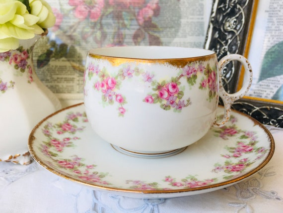 esBoyer LimogesRiviera Rose ティーセット France Limoges Elite Teacup and Saucer in Pink Bridal Rose Floral