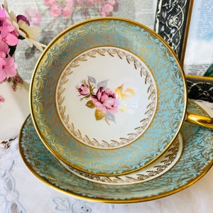 Aynsley Sage Blue Teacup and Saucer in Wide Mouth, Pink Roses and Gold Leaves, Vintage English Tea Set