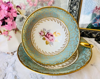 Aynsley Sage Blue Teacup and Saucer in Wide Mouth, Pink Roses and Gold Leaves, Vintage English Tea Set, Birthday or Christmas Gift For Her