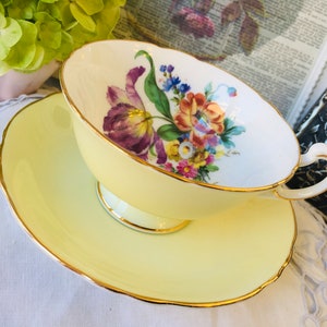 Paragon Pastel Yellow Teacup and Saucer with Tulips and Roses, Vintage English Tea Set, Mother's Day Gift Idea, Spring Floral Tea Cup