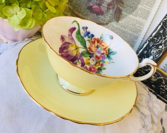 Paragon Teacup and Saucer Pastel Yellow with Tulips and Roses, Vintage English Tea Set, Mother's Day Gift Idea, Spring Floral Tea Cup