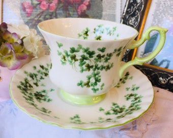 Royal Albert Shamrock Teacup and Saucer with Green Trim, Bright Green Clovers of White China, Gold Trim