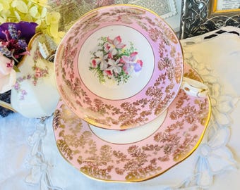 Pink and Gold Chintz Queen Anne Teacup and Saucer with Pink Orchids, Vintage English Tea Set, Birthday Gift Idea, Tea Drinker Gift