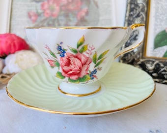 Aynsley Mint Green Swirl Teacup and Saucer with Pink Cabbage Rose, Vintage Floral English Tea Set, Pink and Green Spring Home Decor