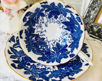 Cobalt Blue Coalport Oak Leaf Teacup and Saucer, Blue and White China, Vintage English Tea Set, Tea Drinker Gift