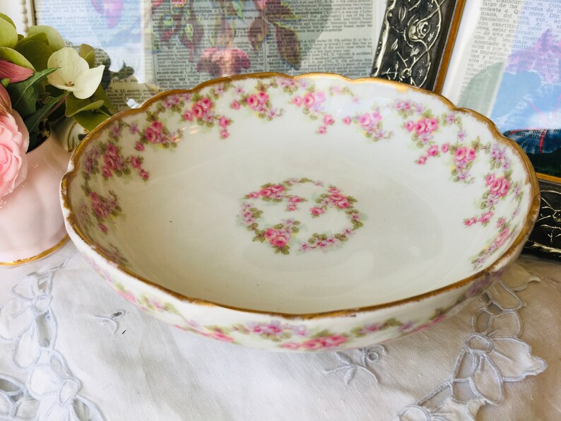 Antique Limoges Footed Bowl With Bridal Rose Wreath Pink and Etsy