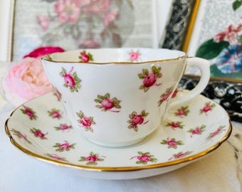 Pink Rosebuds Tea Cup and Saucer by Hammersley, English Tea Set, Vintage Teacup Gift  or Birthday or Mother's Day