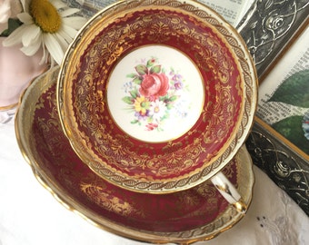 Paragon  Tea Cup and Saucer Red and Gold Double Warrant with White and Yellow Daisies, Purple Blooms, Heavy Gold Chintz, English Tea Set
