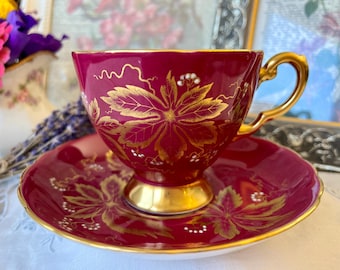 Red and Gold Leaves Tuscan Teacup and Saucer, Hand Painted Floral Accents, Gold Trim, Made in England, Vintage Gift Idea for Christmas