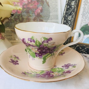 Peach Aynsley Tea Cup and Saucer with Purple Violets in Corset Shape, Cabinet Collection, Antique English Tea Set, Vintage Gift for Her