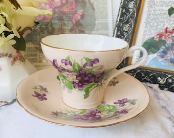 Peach Aynsley Tea Cup and Saucer with Purple Violets in Corset Shape, Cabinet Collection, Antique English Tea Set, Vintage Gift for Her