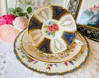 Blue and Gold Paragon Teacup, Royal Albert Saucer, Aynsley Plate, Mismatched Vintage English Tea Set, One of a Kind Layered China