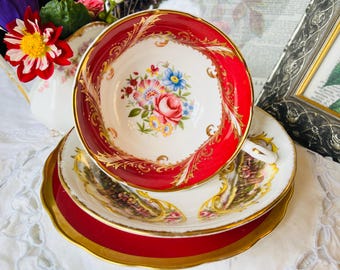 Red and Gold Paragon Teacup, Saucer, and Royal Swansea Plate, Mismatched Tea Set, Vintage Holiday Tea Time Decor, Uniqu Christmas Gift
