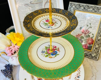 Decadent Cobalt Blue Green and Gold Aynsley With Wedgewood Tiered Cake Stand, Vintage China, English Tea Party, Vintage Housewarming Gift