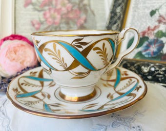 Royal Stafford Aqua Blue and Gold Teacup and Saucer, Vintage English Tea Set with Gold Floral, Cabinet Cup, Bridal Gift for Her