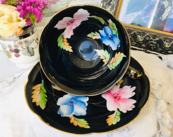 Black Teacup and Saucer with Pink and Blue Floral, Chugai China, Gold Pink Floral, Occupied Japan Antique from the 1940s, Halloween Decor