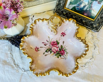 Pink Porcelain Floral Shaped Candy Dish with Looped Handle, Gold Brushed Trim, Housewarming Gift Idea, Entry Way Table Catch All