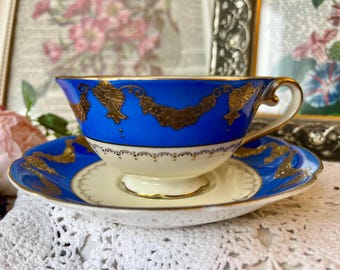 Diamond China Blue Gold Teacup and Saucer, Occupied Japan