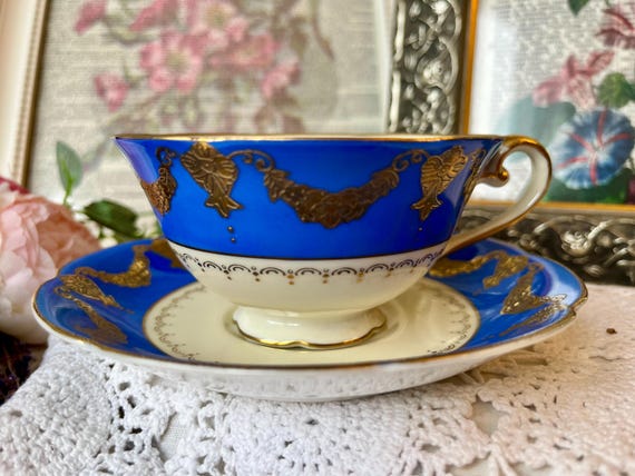 Diamond China Blue Gold Teacup and Saucer, Occupied Japan