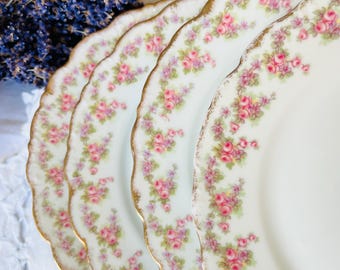 French Limoges Pink Rose and Purple Floral Set of 4 Dessert or Lunch Plates, 6.25 Inches, Antique Housewarming Shabby Chic Gift
