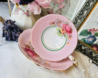 Paragon Teacup and Saucer in Pink Cabbage Rose with Green Trim, Double Warrant, Vintage English Tea Set, 1960s, Birthday Day Gift