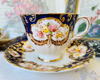 Cobalt Blue and Gold Teacup and Saucer Royal Stafford Heritage Pattern, Vintage English Tea Set, Fluted Shape Gold Trim, Mother's Day Gift