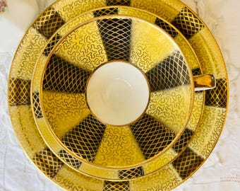 Winterling Bavaria Teacup, Saucer, Plate, Yellow and Gold Panels, Vintage Porcelain, Wide Mouth Footed, Gift for Her