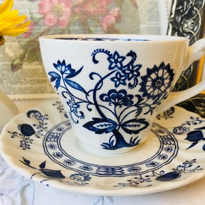Blue Nordic Teacup and Saucer, Vintage Blue and White China, English Tea Set, Blue and White China Housewarming Gift