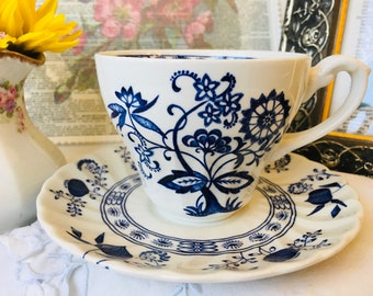 Blue Nordic Teacup and Saucer, Vintage Blue and White China, English Tea Set, Blue and White China Housewarming Gift, Tea Drinker Gift
