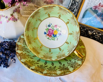 Vintage Windsor China Teacup and Saucer - Mint Green with Pink Roses and Gold Chintz, Wide Mouth Teacup, Signed 170/60, Tea Drinker Gift