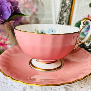 Pink Aynsley Tea Cup and Saucer with Gold Trim and Oban Shape, Blue and Gold Foil Floral, Cabinet Collection, Vintage English Tea Set
