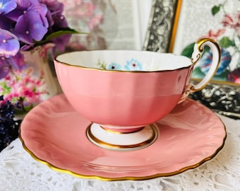 Pink Aynsley Tea Cup and Saucer with Gold Trim and Oban Shape, Blue and Gold Foil Floral, Cabinet Collection, Vintage English Tea Set