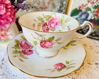 Royal Standard Pink Cabbage Roses Teacup and Saucer, Wide Mouth Footed Shape, Vintage Holiday or Birthday Gift, Cottage Core Home Decor