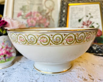 Limoges Open Footed Fruit Bowl, Pink, Purple and Green Floral Band with Gold, French Antique Porcelain, Housewarming Gift Idea