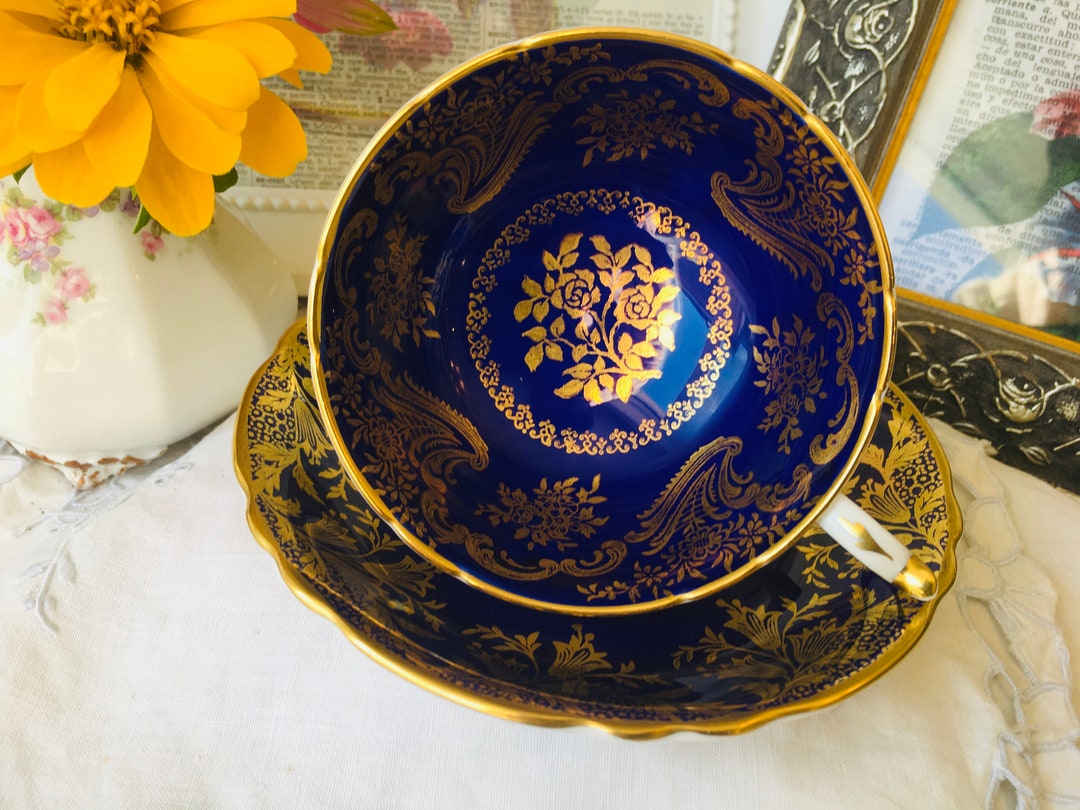 Paragon Cobalt Blue and Gold Teacup and Saucer, Mixed Patterns With