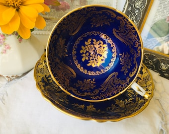 Paragon Cobalt Blue and Gold Teacup and Saucer, Mixed Patterns with Medallion and Floral Centers, Vintage English Tea Set, Mother's Day Gift