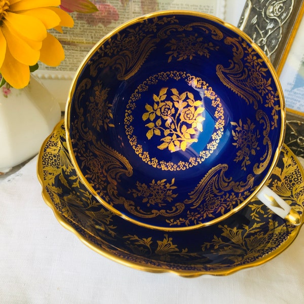 Paragon Cobalt Blue and Gold Teacup and Saucer, Mixed Patterns with Medallion and Floral Centers, Vintage English Tea Set, Mother's Day Gift