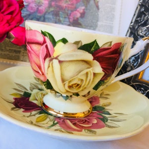 Red, Pink and White Roses in a Yellow Teacup and Saucer, Queen Anne Wide Fluted Mouth, Gold Trim, Mother's Day Gift Idea