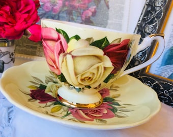 Red, Pink and White Roses in a Yellow Teacup and Saucer, Queen Anne Wide Fluted Mouth, Gold Trim, Christmas Gift Idea, Tea Drinker Gift