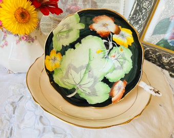 Paragon Teacup and Saucer Black with Large Green Yellow and Orange Painted Floral, Double Warrant English Tea Set, Home Decor Gift for Her