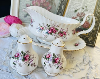 Royal Albert Lavender Rose Gravy Boat with Saucer,  Vintage Salt and Pepper Shaker, English China with Pink Roses, Housewarming Gift