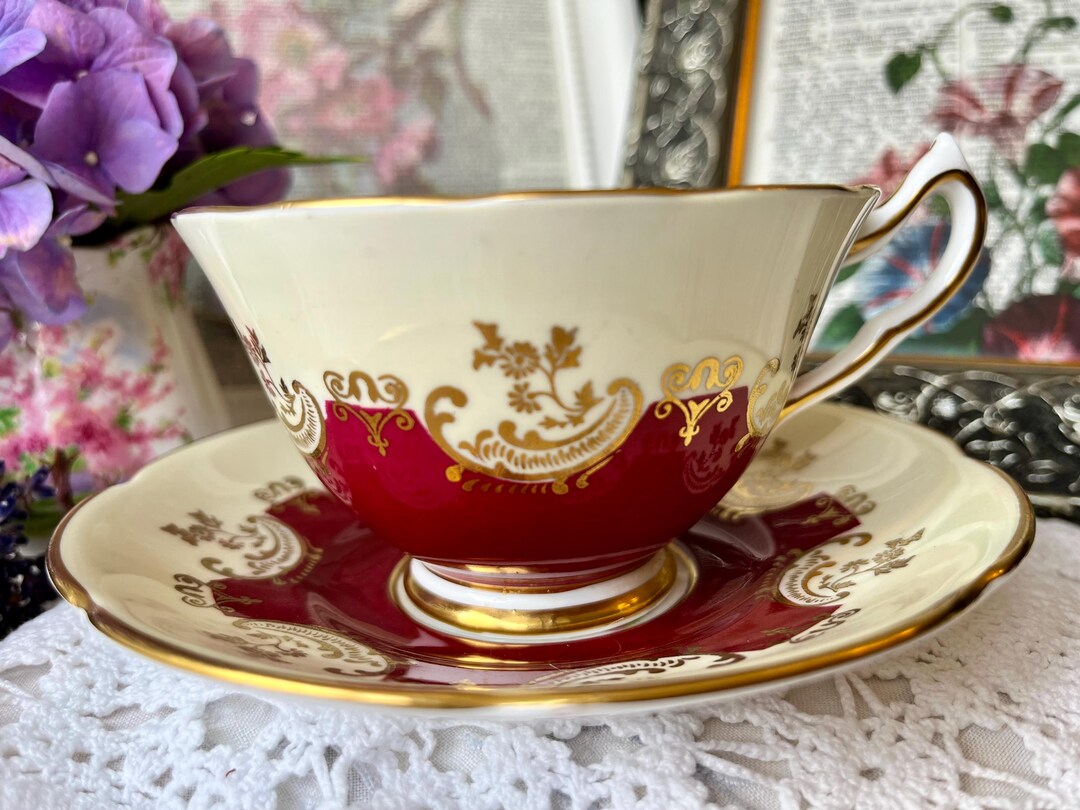 Red and Gold Collingwood Tea Cup and Saucer, Chintz Panels, Pink Roses ...